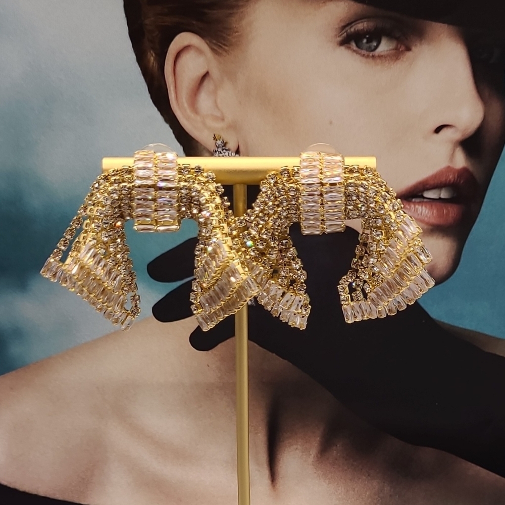 Estate AB Luxury Palace Chic Crystal Exaggerated Bow Gold Dangle Earrings - Picture 10 of 15